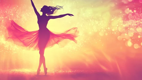 Silhouetted ballerina swirling in radiant pastel light field.