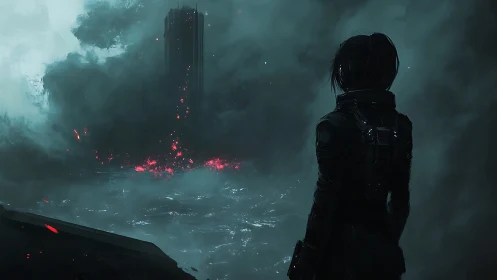 Solitary scout studies burning tower in toxic storm.