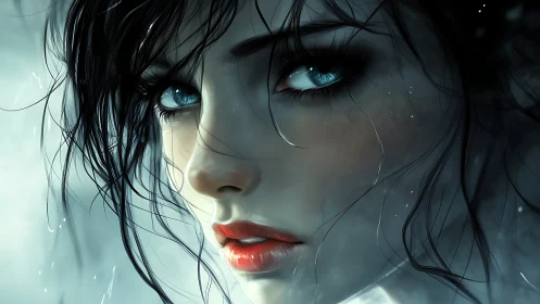 Gaze of the storm-eyed woman glows through misty silence.