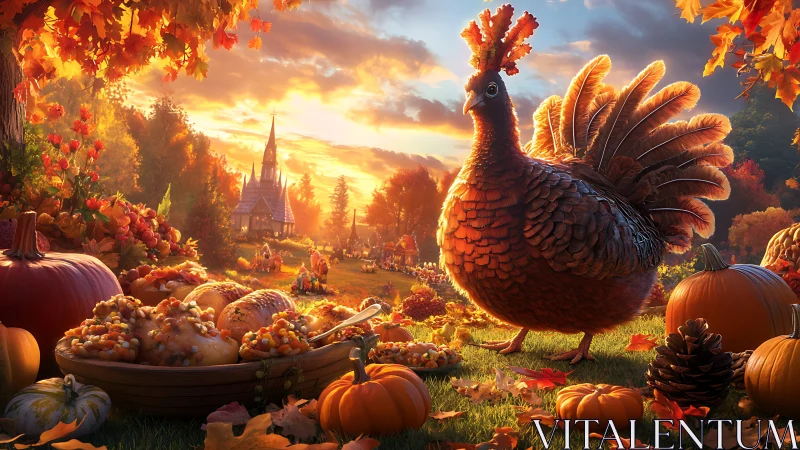 Thanksgiving turkey scene with autumn feast and pumpkins.