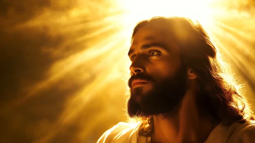 Portrait shows bearded man in intense golden backlighting