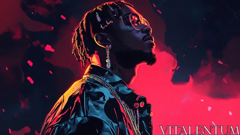 Stylized portrait of rapper in neon red backlight