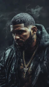 Smoke-wreathed street monarch in obsidian urban armor.