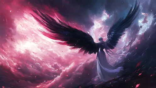 Winged figure in stormy pink and dark clouded sky.