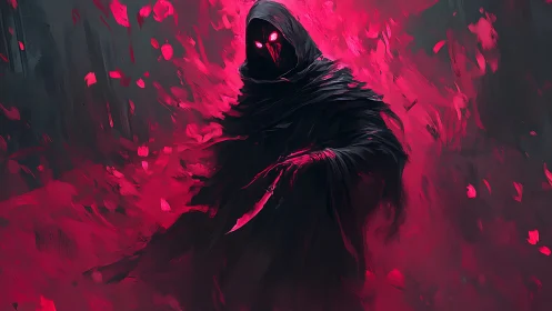 Hooded wraith with blade dissolves into neon crimson haze
