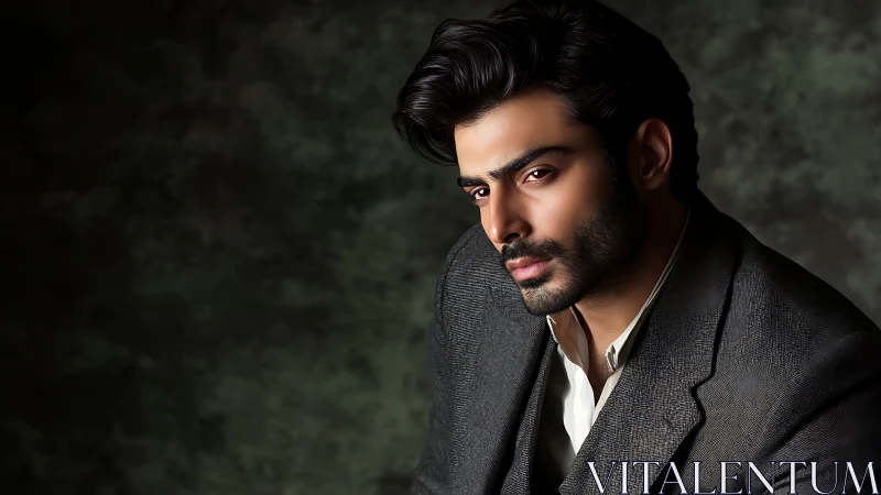 Man in formal suit posed against dark textured backdrop