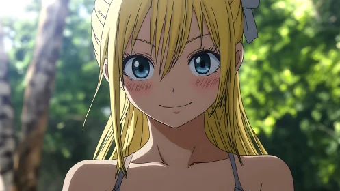 Sunlit blonde anime girl sharing a shy forestside smile.