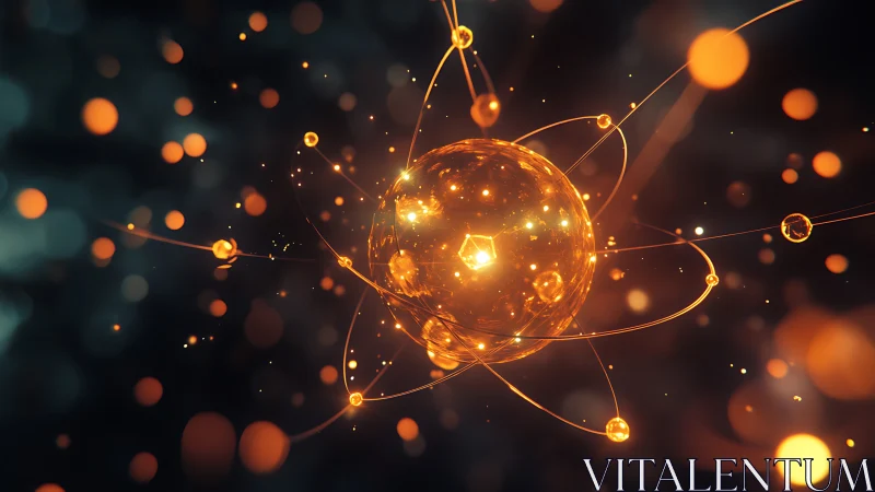 Quantum particle core with glowing electron orbitals in space