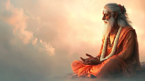 Meditating sage in orange robes under glowing sunset sky.