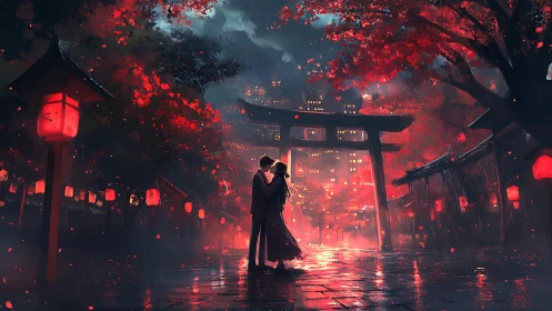 Couple stands under torii in rainy lantern lit temple street.