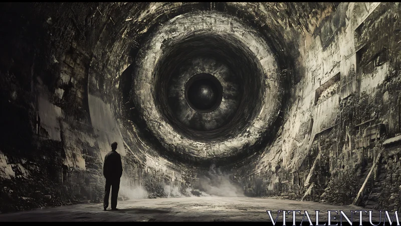 Solitary figure before vast industrial eye tunnel.