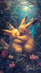 Romantic Pikachu couple cuddle in glowing forest garden.