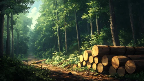 Forest Path with Harvested Logs in Sunlit Woodland