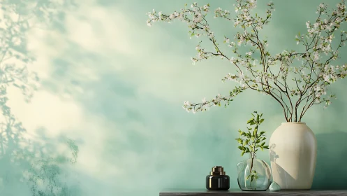 Minimal still life with vases and flowering branches.