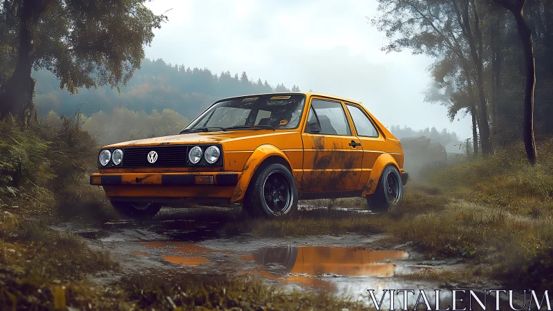 Muddy yellow hatchback parked on misty forest trail.