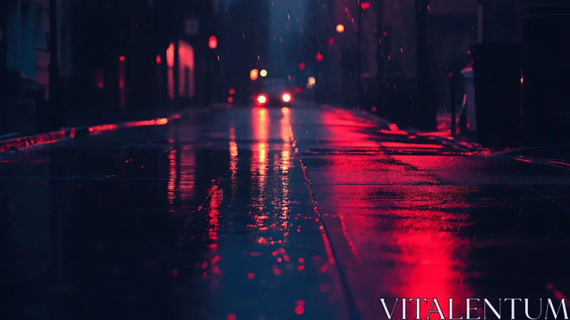 Rainy urban street with red reflections at night.