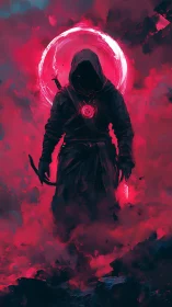 Hooded figure with circular halo in red misted environment.