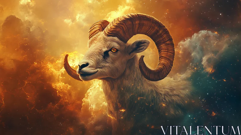 Celestial ram emerging from luminous cosmic nebulae.