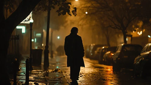 Solitary figure walks through rainlit city street at night.