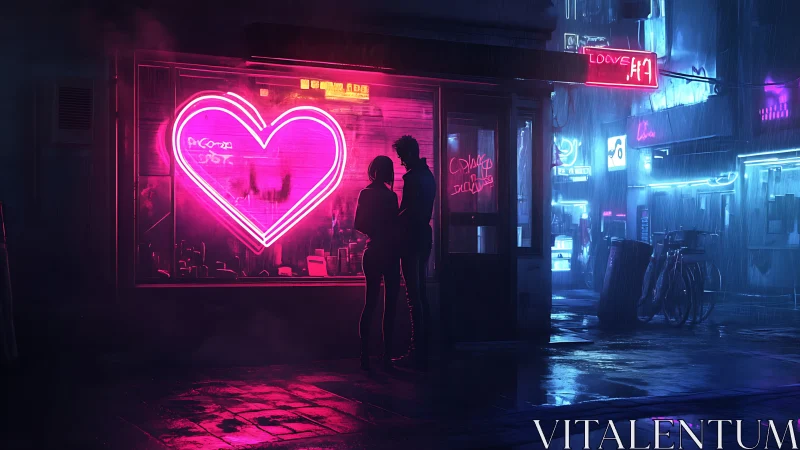 Neon heartlit lovers sheltering in a rainy cyberpunk street.
