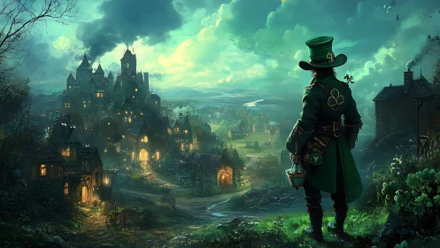 Leprechaun scout surveys illuminated fantasy village at dusk