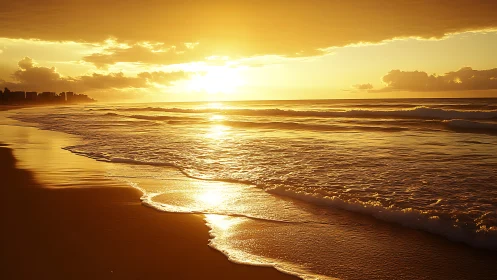 Golden shoreline sunrise soaking the quiet morning beach.