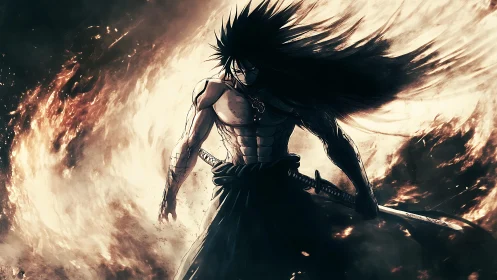 Bare-chested anime swordsman with flaming vortex background