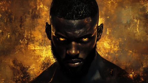 Digital portrait depicts intense male face amid fiery backdrop