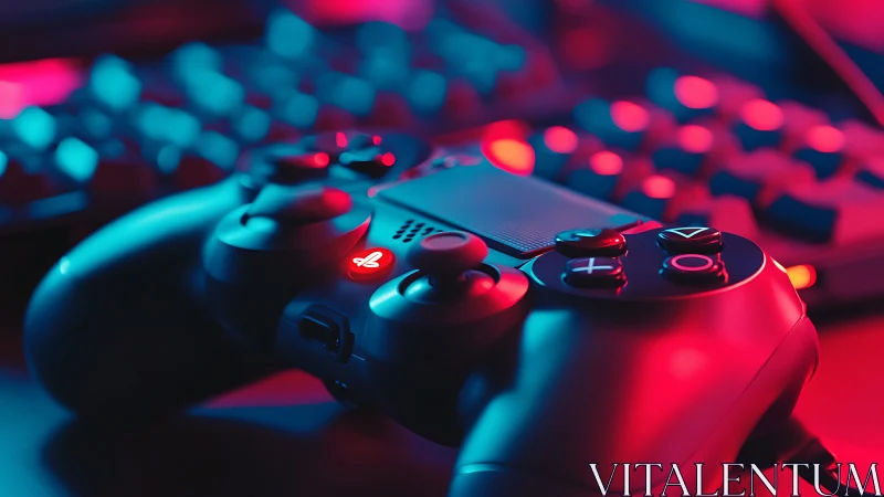 Game controller closeup under red and blue LED lighting.