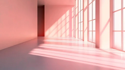 Minimalist pink corridor renders long window light gradients