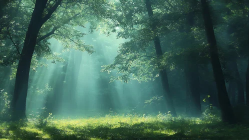 Enchanted Sunbeams in Lush Green Forest, Atmospheric Nature Scene.