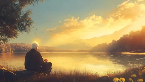 Elderly figure studies sunset-lit lakeside with warm atmospheric haze
