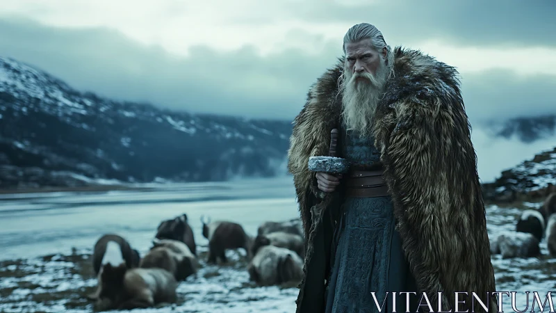 Storm-silent Viking elder watching over winter pasture.