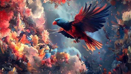 Vibrant parrot in flight among colorful abstract flowers, digital art.