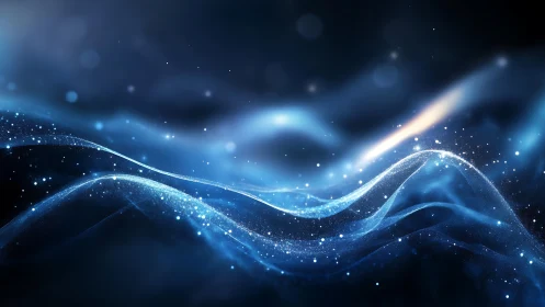 Digital painting of luminous blue particle waves in motion.