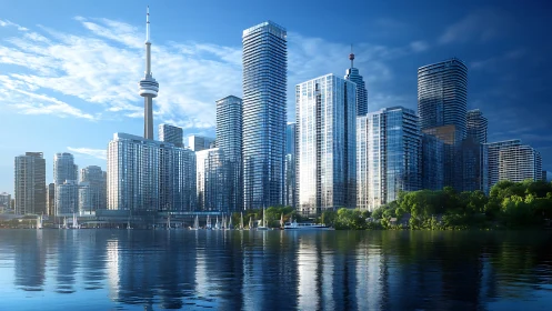 Waterfront skyline with reflective glass towers at sunrise.
