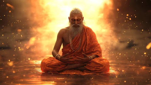 Radiant sage in fiery meditation amid glowing embers.