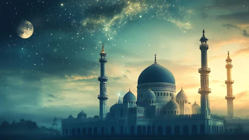 Celestial mosque skyline under luminous crescent nightscape.