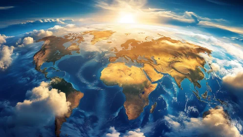 Sunlit Earth from space glows above clouds and blue oceans