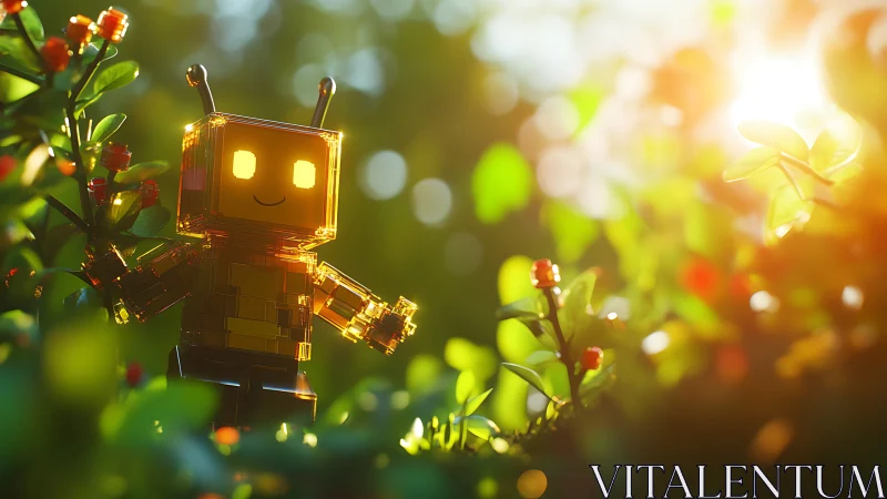 Transparent yellow toy robot stands in sunlit garden foliage