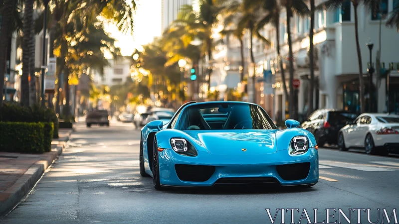 Blue hypercar cruises sunlit palm-lined city boulevard.