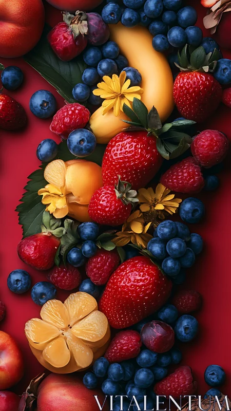 Mixed fresh berries and fruit arranged on vibrant red background