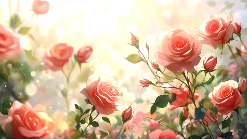 Soft coral roses bloom in sunlit garden splendor