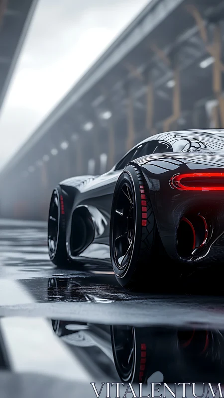 Sleek black concept car is parked on wet reflective pavement