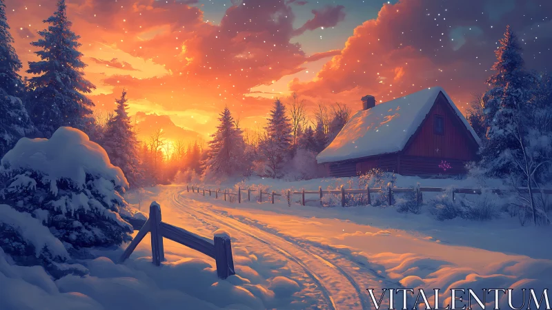 Digital painting of winter cabin at sunset with luminous snowfield.
