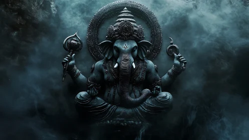 Midnight Ganesh floats in stormy teal incense and shadow