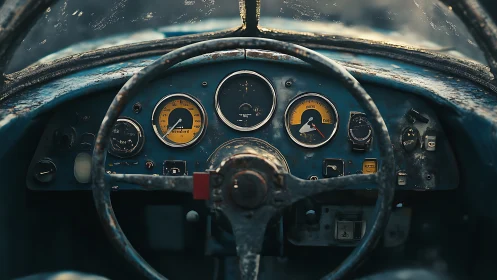 Rusty vintage car dashboard with worn steering wheel view.