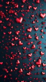 3D Red Hearts Scatter on Teal Background.