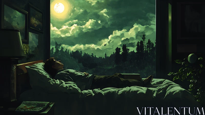 Boy lies awake under moonlit forest sky framed by window