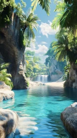 Tropical canyon lagoon opens to bright waterfall and beach